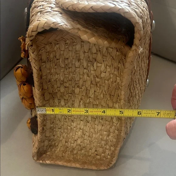 Woven Straw Tote Bag with Brown Leather Trim and Floral Accents -Acapulco - Picture 13 of 13